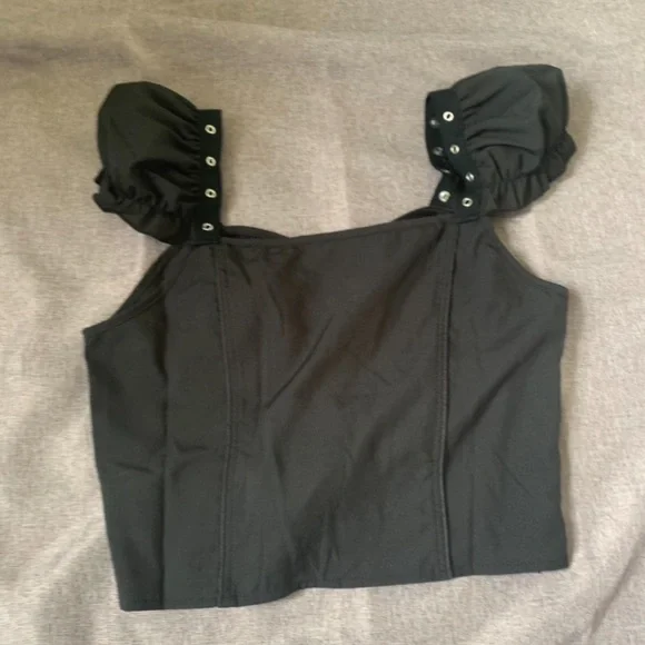 Black Lace Up Goth Grunge Puff Sleeve Blouse - Picture 5 of 7